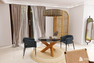 Example of a mid-sized trendy formal and enclosed travertine floor and beige floor living room design in Mexico City with white walls and a wall-mounted tv