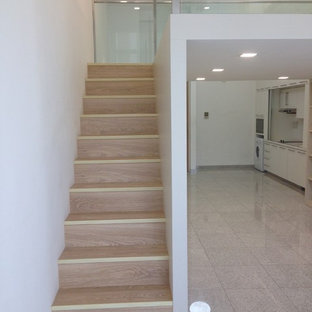 Small contemporary kitchen pantry ideas - Kitchen pantry - small contemporary single-wall marble floor kitchen pantry idea in Singapore with a single-bowl sink, flat-panel cabinets, white cabinets, tile countertops, white backsplash, white appliances and no island