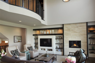Large trendy open concept dark wood floor and brown floor family room photo in Calgary with white walls, a ribbon fireplace, a tile fireplace and a concealed tv