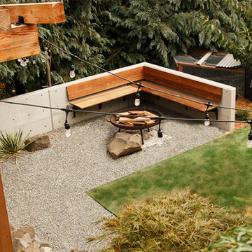 Backyard garden with firepit, eco-lawn, outdoor bar + hot tub