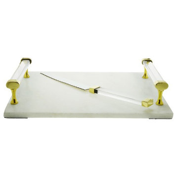 White Marble Challah/Cheese Board with Knife with Acrylic Handles