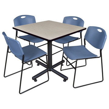 Kobe 36" Square Breakroom Table, Maple and 4 Zeng Stack Chairs, Blue
