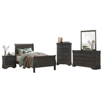 5-Piece Modern Full Sleigh Bed, Dresser, Mirror, Nightstand, Chest Dark Brown