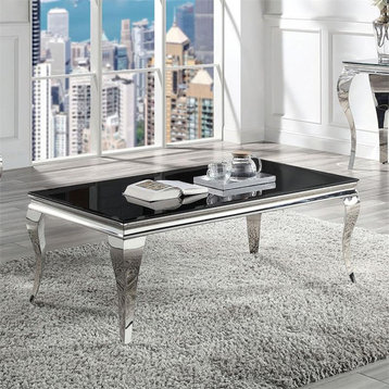 Bowery Hill Glam Glass Top Coffee Table in Black and Silver Finish