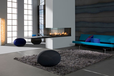 Imagen de sala de estar minimalista con chimenea de doble cara y marco de chimenea de metal