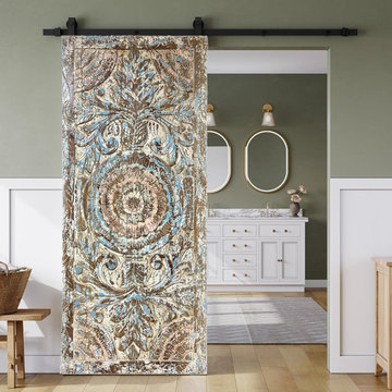 Rustic Modern Coastal: Carved Doors in Raw Woods with a Pop of Color