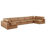 Meridian Furniture - Comfy Upholstered U-Shaped Modular Sectional, Cognac, 7-Piece: 5 Armless Chair, 2 Corner Chair, Vegan Leather - Give your space a whole new look with this cognac Comfy vegan leather sectional. This handsome sectional fits nicely with other items in the Comfy collection and is a versatile seating option designed for adaptability, comfort and style. Wrapped in rich cognac durable vegan leathered upholstery, this sectional offers a plush embrace of overstuffed down feather cushions, carefully crafted to deliver the highest level of comfort. The perfect seat for creating an oasis for relaxation, this sectional has thick foam surrounding its frame for added support and coziness.