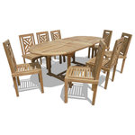 Windsor Teak Furniture - Grade A Teak 82" Ext Table, 8 Chippendale Stacking Chairs - The Buckingham 82" Double Leaf Oval Extension Table W/8 Chippendale Stacking Chairs comfortably seats 14 people when extended. The table is 58" when closed, 70" with one leaf open , and 82" with both leafs open...giving you 3 different size tables. The table is designed with built-in butterfly pop-up leafs that enables you to open or close the table in 15 seconds. The table also comes with cap covered umbrella hole and a built-in umbrella base. The stylish Chippendale chairs are named after the famous 18th century English cabinetmaker Thomas Chippendale. The Chippendale style furniture in England was the first style of furniture named after a cabinet maker rather then a monarch. These chairs are extremely comfortable with the contoured seats and very practical since they stack for easy storage.  Some assembly w/ table. Shipped via truck.