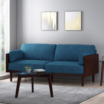 Bagan Mid-Century Modern Upholstered 3 Seater Sofa, Navy Blue + Dark Walnut