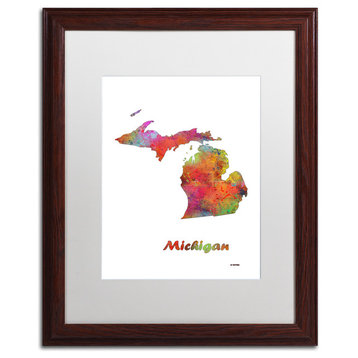 Marlene Watson 'Michigan State Map-1' Art, Wood Frame, 16"x20", White Matte