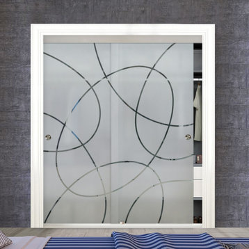 Frameless 2 Leaf Sliding Closet Bypass Glass Door, Geometric Design., 72"x96" In