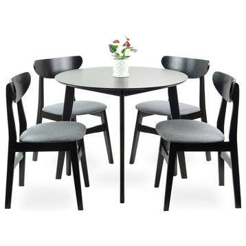 Set of 5 Dining Kitchen Round Table and 4 Yumiko Side Chairs Solid Wood