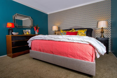 Inspiration for a mid-sized eclectic master bedroom in Orange County with carpet and no fireplace.