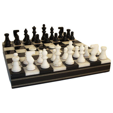 Black and White Alabaster Inlaid Chest, Chess and Checkers Set