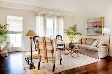 Living room - large traditional formal and open concept medium tone wood floor living room idea in Other with white walls
