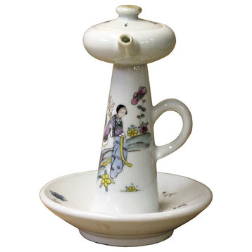 Chinese Ancient Style Porcelain Lady Side Scene Garden Play Drawing Oil Lamp