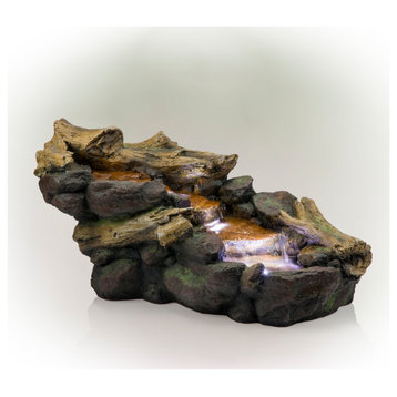 19" Tall Indoor/Outdoor River Rock and Log Fountain with LED Lights