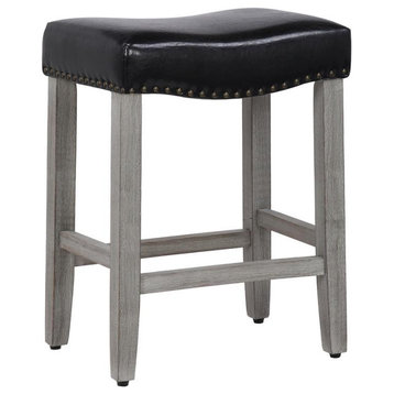 24" Upholstered Saddle Seat Counter Stool in Black Leather