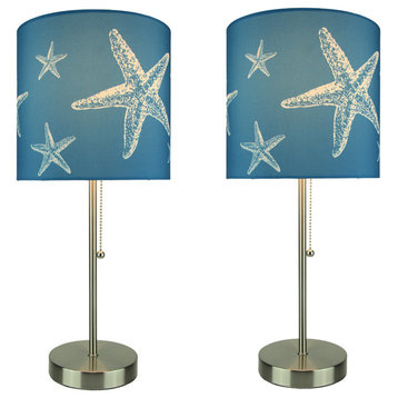 Brushed Nickel Finish Coastal Table Lamp With Blue Starfish Shade Set of 2