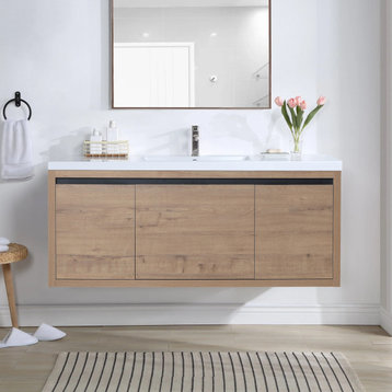 Floating Bathroom Cabinet With White Sink and Soft Close Doors, Oak, 48"