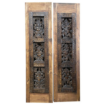 Pair Vintage Ganesha Sliding Barndoor, Carved Barn Door, Ganesh Temple