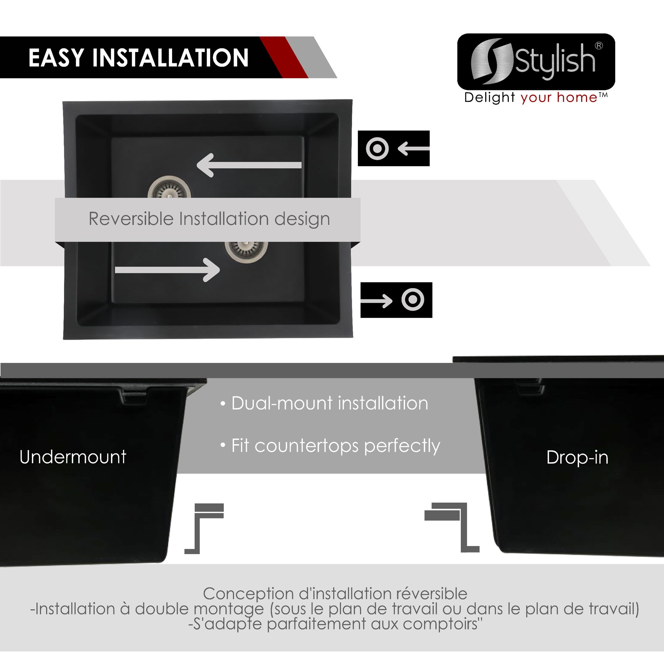 25 inch Dual Mount Single Bowl Black Granite Laundry Sink S-825N