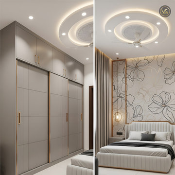 Elegant Bedroom with Grey Sliding Wardrobe & Floral Accent Wall