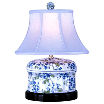 Chinese Porcelain Green Blue White Round Box Floral Motif Table Lamp 15"
