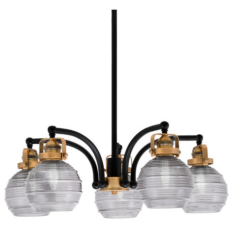 Easton, 5 Light, Chandelier, Matte Black & Brass Finish, 6" Smoke Ribbed Glass