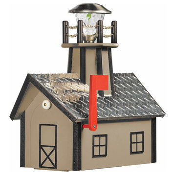 Deluxe Mailbox with Lighthouse, Weatherwood & Black, Aluminum Diamond Plate Roof, Poly Lumber