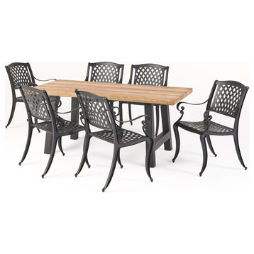 GDF Studio 7-Piece Dorris Outdoor Aluminum Dining Set With Concrete Table, Natural Oak/Black/Black Sand