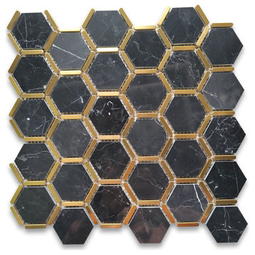 Nero Marquina Black Marble Hexagon Mosaic Tile Brass Strips Polished, 1 sheet