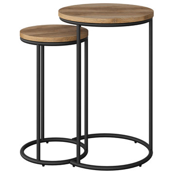 Fort Worth 2-Piece Nesting Side Tables with Black Metal Legs, Light Brown