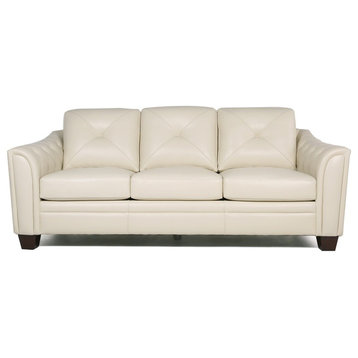 Maklaine 21" Transitional Leather Tufted Fitted Back Sofa in Ivory