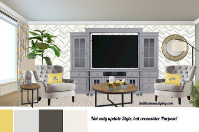 Example of a large eclectic enclosed light wood floor and brown floor living room design in Toronto with multicolored walls and a media wall