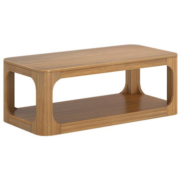 Modern Coffee Table, Pine Frame With Rounded Edges & Lower Shelf, Pecan/48"