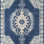 Momeni - Momeni Anatolia Machine Made Traditional Area Rug Navy - 6'6" X 9' - The pastel color palette of the Anatolia Collection presents the softer side of tribal style. Subdued shades of pink, baby blue and brown fill the field and ornamental rug borders with classical medallions and vine and dot motifs. Crafted in an innovative combination of natural wool and nylon threads, modern machining mimics ancestral weaving techniques to create a series of chic floor coverings that are superior in beauty and performance.