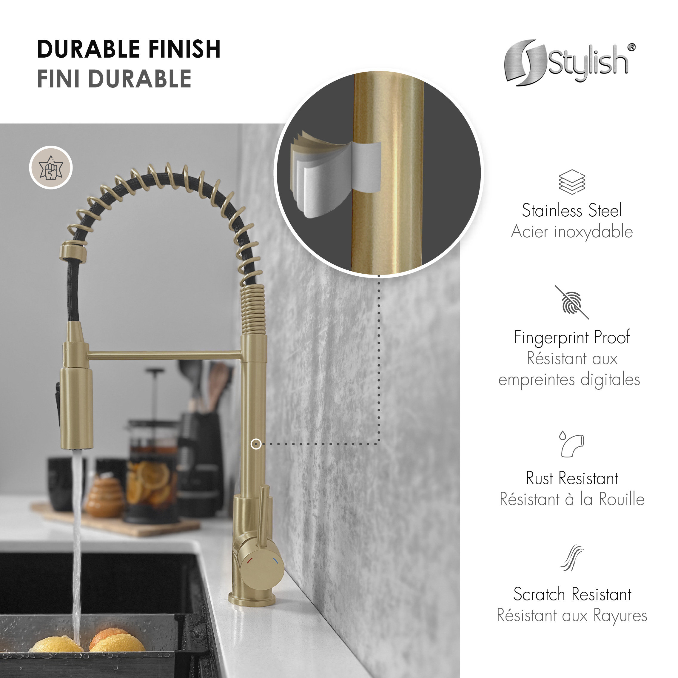 STYLISH Milano Pull-Down Kitchen Faucet with water filter, Stainless Steel., Brushed Gold