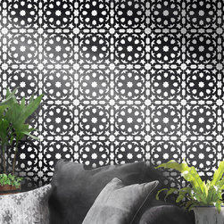 Moroccan Mosaic & Tile House - 8"x8" Fes Handmade Cement Tile, Black /White, Set of 12 - Wall And Floor Tile