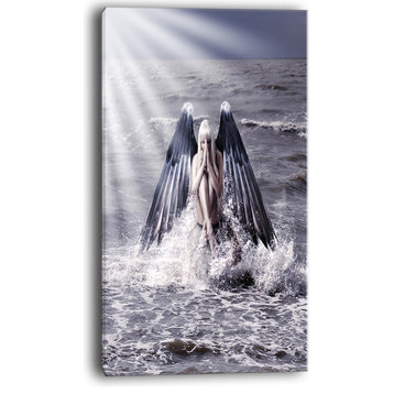 "Woman With Dark Angel Wings" Modern Beach Canvas Art Print, 16"x32"