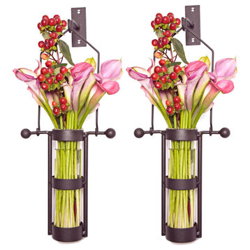Wall Mount Hanging Glass Cylinder Vases With Metal Cradle and Hooks, Set of 2
