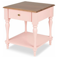 Rustic Nightstand Side Table, Wood Top, Drawer and Open Shelf, Pink
