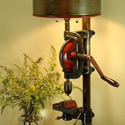 A Repurposed Artifact Lamp Made From A Vintage Drill Press - Table Lamps