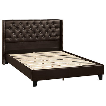 Faux Leather Upholstered Bed With Nailhead Trim, Espresso, Full