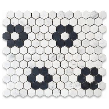 Carrara White 1" Hexagon Black Marble Rosette Flower Mosaic Tile Honed, 1 sheet