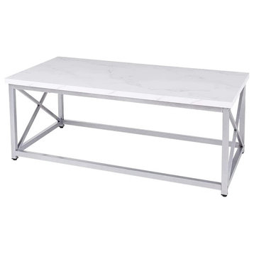 Modern Coffee Table for Living Room Center Table with Metal Frame, Glossy White, White