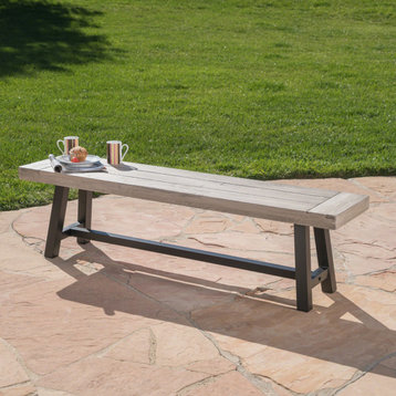 GDF Studio Angelina Outdoor Acacia Wood Dining Bench With Rustic Frame, Light Gray/Black