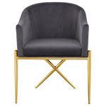 Meridian Furniture - Xavier Velvet Dining Chair, Gray, Gold Legs - Spread elegance and modernity to your dining room with this Xavier grey velvet dining chair from Meridian Furniture. This beautiful chair features a simple barrel seat with a plush cushion and back, ensuring that every meal is a comfortable one. The gold steel legs provide durable support while you sit, and an "X" leg in the back lends the chair an uber-modern vibe. Gold finishing on the base is sleek and chic, giving this chair a contemporary edge that's well at home in any modern dining room. Sleek grey velvet upholstery is durable and tough yet soft against your body, elevating meal times to a luxurious experience.