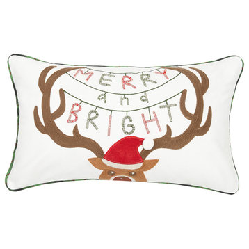 Merry And Bright Deer Crewel Embroidered Pillow
