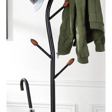 76" Long Billie Black Tree Coat Rack Walnut Hooks With Umbrella Stand